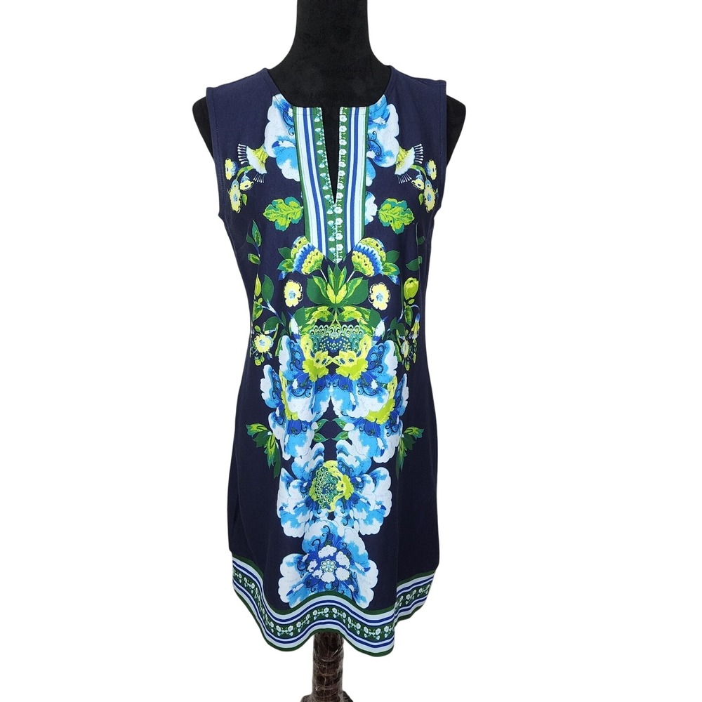 NEW YORK & COMPANY Size Small 100% Cotton Blue Floral Split Neck Shift Dress